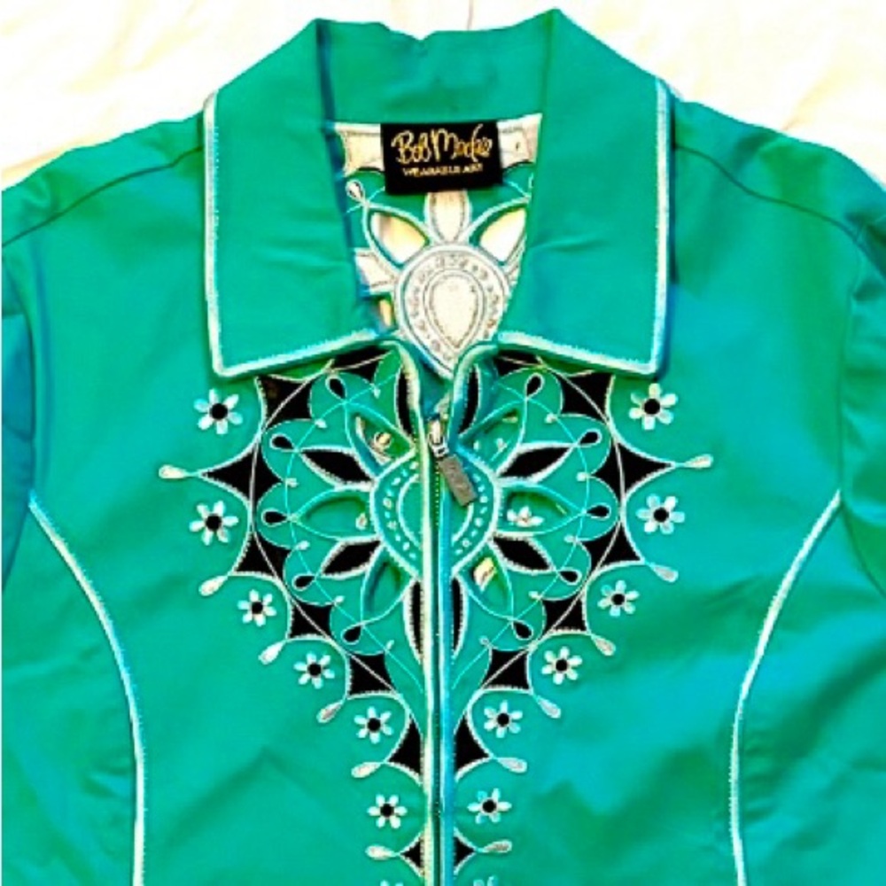 Bob Mackie Wearable Art Teal Green Laser Cut Embroidered Zip up Jacket - Picture 2 of 8